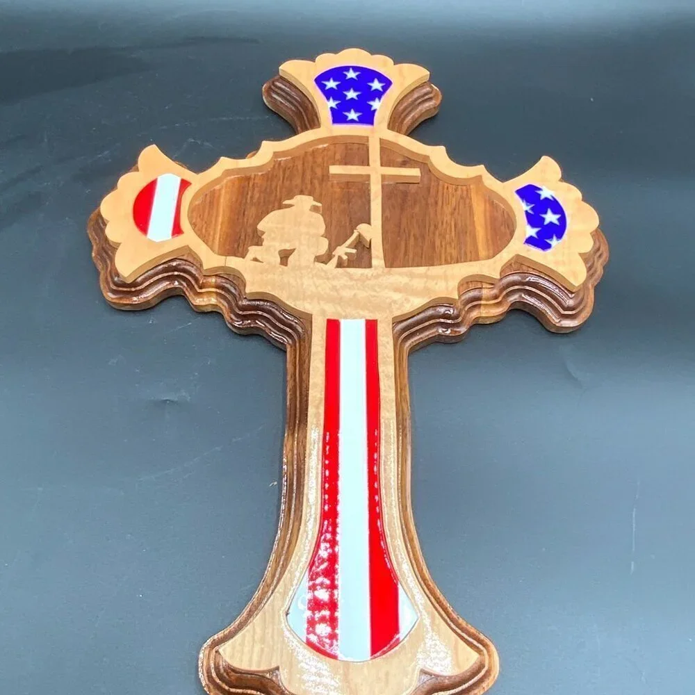 Handcrafted Craig Caudill Wooden USA Flag American Fallen Soldier Memorial Cross